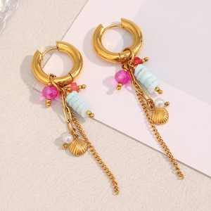 Detail of 18K gold plated hoop earring with pink beads, pearls and shell pendants