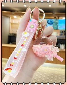 Pink unicorn keychain with liquid glitter sphere and silicone wrist strap detail