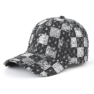 Fashion Sequin Checkerboard Baseball Cap Denim Polyester Adjustable Sun Shading Travel Peaked Hat For Women Men