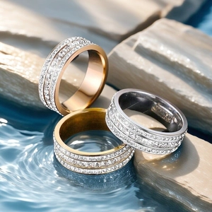 Three-color cubic zirconia titanium steel rings in rose gold, gold, and silver finishes
