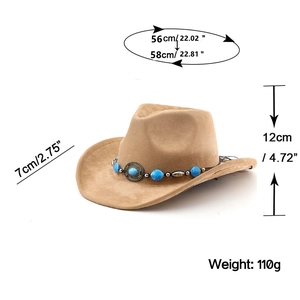 Detail of khaki cowboy hat with ethnic turquoise beads and metal size dimensions
