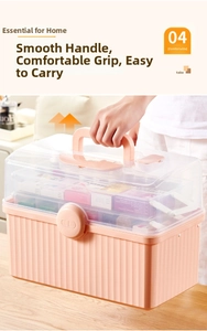 Pink home first aid kit with clear lid, round handle and dual-layer medicine storage