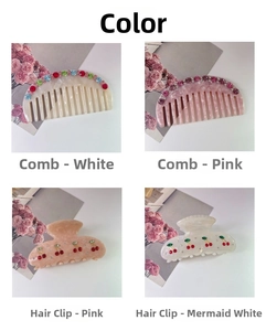 Detailed view of acetate hair combs and cherry claw clips with rhinestone embellishments