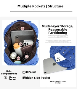 Detail view of the multi-compartment interior and spacious front pocket of this blue studded backpack