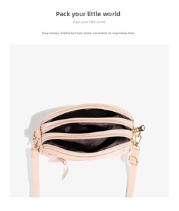 Detailed top view of light pink crossbody bag with three zipper compartments and gold hardware