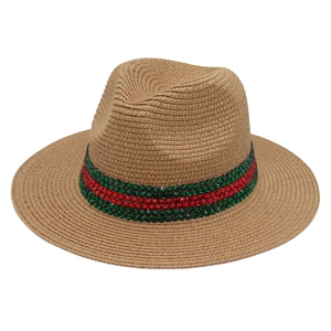 Chapeau Fedora En Paille De Panama Avec Bande Strass Rouge Vert Large Bord Protection Solaire Été Plage Vacances Style Jazz
