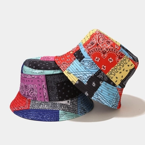 Colorful paisley patchwork bucket hat with vibrant multi-color sun protection design