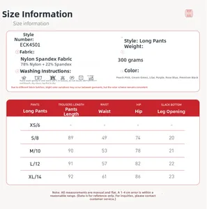 Detailed size chart for women yoga leggings showing measurements and material specifications