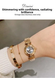 Detail of rose gold steel watch with retro dial and matching elegant bracelets on wrist