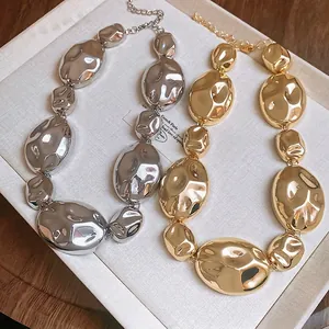 Irregular Oval Necklace And Earrings Jewelry With Silver Earring Post Liquid Metal Hammered Texture Exaggerated Punk Style