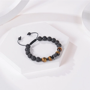 10mm volcanic lava and tiger eye stone bead bracelet with adjustable cord for men