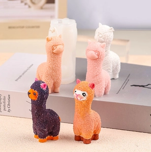 Detail view of colorful alpaca shaped candle silicone molds with realistic fur textures