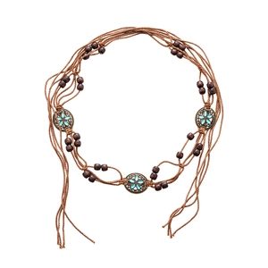 Bohemian braided waist chain with brown wood beads and turquoise floral metal buckles