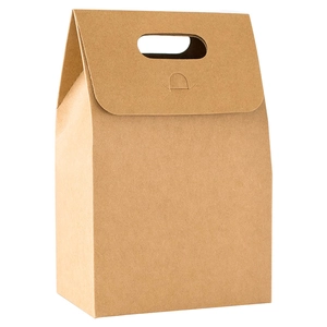 Vertical kraft paper gift bag with die-cut handles and sturdy folding closure design