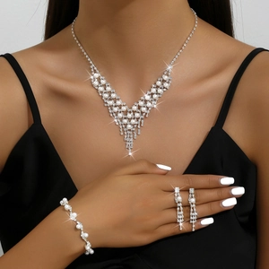 Bridal Jewelry Set Faux Artificial Pearl Rhinestone Necklace Earrings With 925 Sterling Silver Earring Post For Wedding Banquet