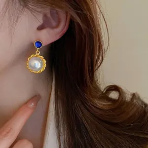 Vintage French style gold earrings with blue gemstone and large pearl pendant for women