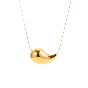 Polished gold water drop pendant necklace in minimalist style on white background