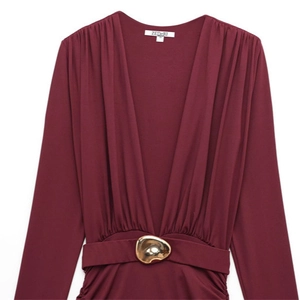 Elegant deep wine red long sleeve slim fit dress with V-neck and gold buckle detail
