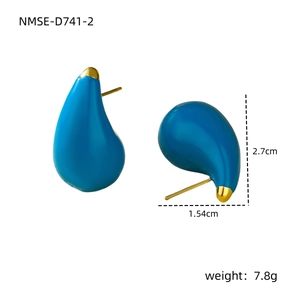 Detail view of blue teardrop titanium earrings with dimensions 2.7cm by 1.54cm