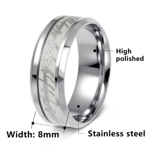 Anello in acciaio inossidabile da 8mm con scritte elfiche luminose per feste e eventi