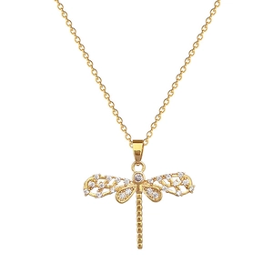 Elegant gold-plated dragonfly necklace with shimmering crystal-encrusted hollow wings