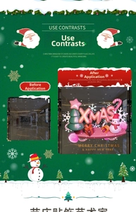 Detail of pink Christmas static stickers showing before and after application on a glass window
