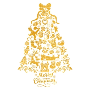 Golden glitter Christmas tree window sticker with snowman and snowflake patterns