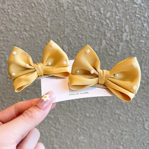 Pair of yellow bow hair clips with white pearls for girls handmade silk hair accessories