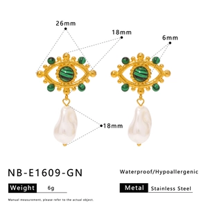 Detailed size specifications for 18K gold plated evil eye earrings with pearl charms
