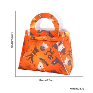 Detailed view of Halloween orange non-woven candy bag with size dimensions and weight