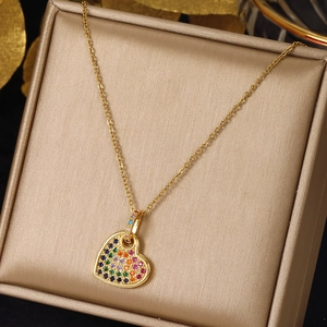 Heart Pendant Necklace Gold Plated Stainless Steel With Rainbow Zirconia Stones Sweet Elegant Dainty Jewelry For Women