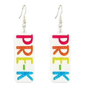 Detail shot of long white earrings with colorful glitter PRE-K text and silver hooks