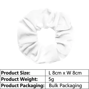 Detailed size chart for white velvet scrunchie showing 8cm diameter and 5g weight