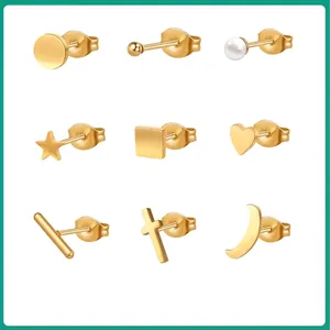 Stainless Steel Stud Earrings 18K Gold Plated Cubic Zirconia Artificial Pearl Geometric Heart Star Moon Cross Minimalist For Women