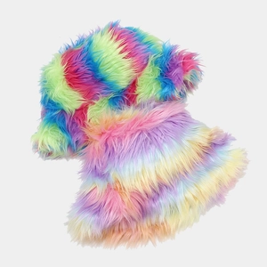 Colorful fuzzy rainbow faux fur bucket hat with long shaggy plush for winter warmth