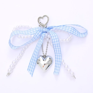 Blue plaid ribbon bow keychain with silver heart pendant and white pearl chain