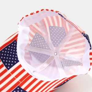 Macro view of inner seams and USA flag print detail on this kid's baseball cap