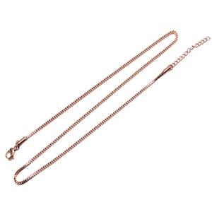 Detail of rose gold box chain necklace with lobster clasp and adjustable extension chain