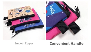 Close-up of smooth zipper and side carry handle on cartoon space theme coin pouches