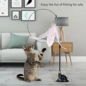 Strong suction cup wand cat toy with pink feathers and bell for indoor feline play