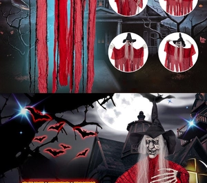 Detail of Halloween hanging witch with tattered red robes and bony hands for spooky decor