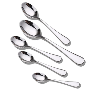 Set of five polished stainless steel household spoons in assorted sizes on white background
