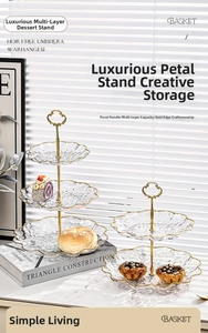 Macro detail of luxury glass dessert stand with gold rim and flower shaped metal handle