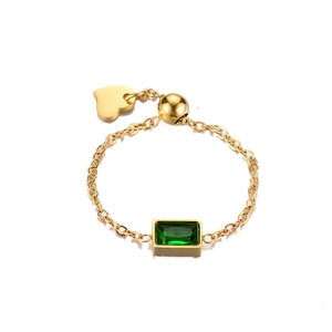 Adjustable 18K gold plated stainless steel chain ring with green rectangular gemstone