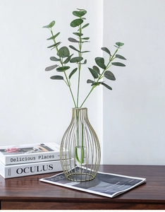 Detailed close-up of a gold metal frame vase with a transparent glass tube insert