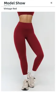 Detail of high waisted retro red yoga pants with seamless fit and squat proof fabric