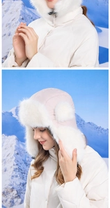 Détails du bonnet d'hiver rose avec doublure en fausse fourrure blanche et pompons doux