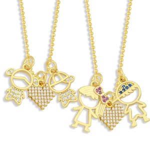 Boy Girl Heart Pendant Necklace Copper Gold Plated Zircon Inlaid Round Bead Chain Romantic Jewelry For Couples Families