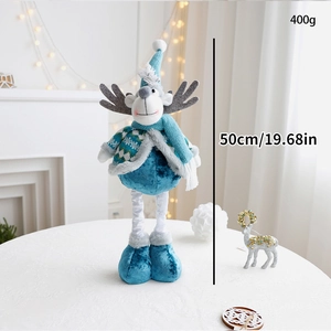 Blue plush Christmas reindeer doll with long legs standing 50cm tall on a white table