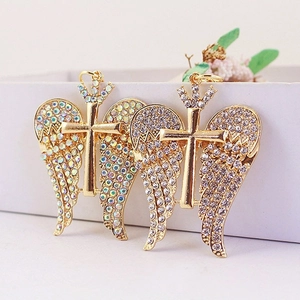 Sparkling Angel Wings Cross Keychain Gold Plated Zinc Alloy Rhinestone Crown Decorative Bag Charm Gift For Women